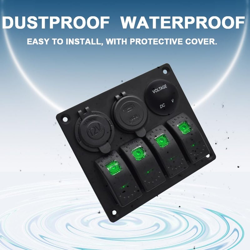 Garfour Green Marine Waterproof Red Boat Switch Panel Aluminium Panel with 12V Voltmeter Type-C and QC3.0 USB Charging Socket Rocker Witch Panel for Car Boat - Image 2